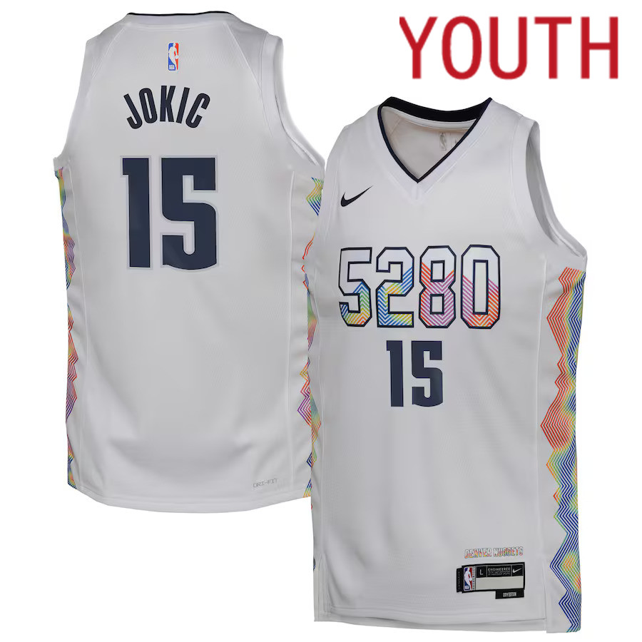 Youth Denver Nuggets #15 Nikola Jokic Nike White City Edition 2024-25 Swingman Player NBA Jersey->youth nba jersey->Youth Jersey